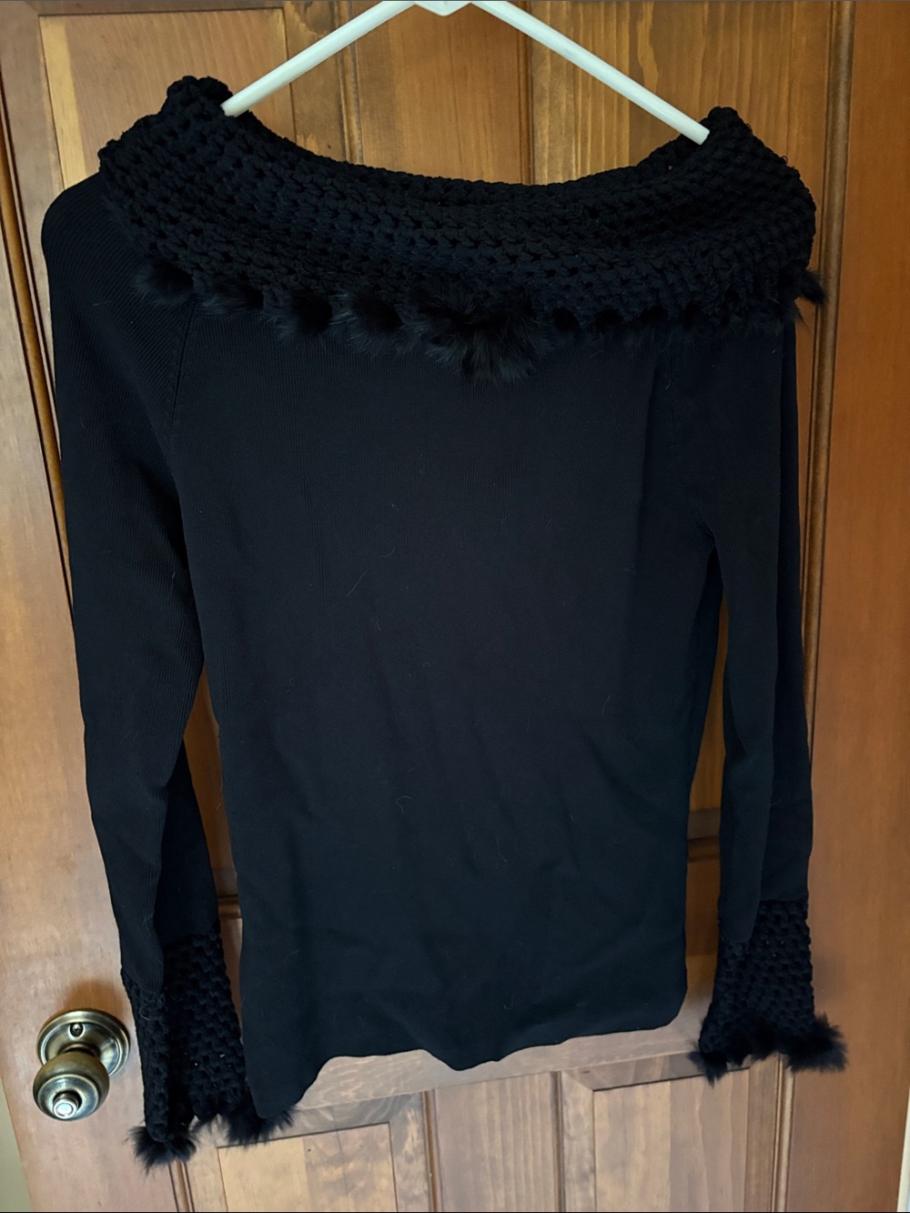 Radzoli Black Off-the-Shoulder Sweater with Faux Fur Trim